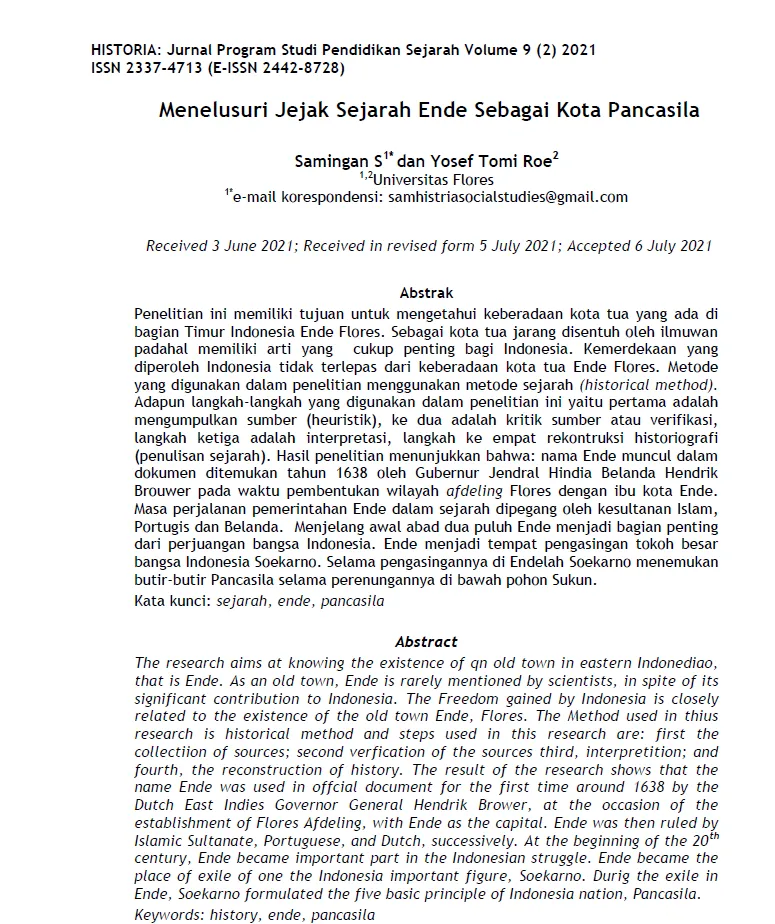 Cover Artikel Menelusuri Jejak Sejarah Ende Sebagai Kota Pancasila / Samingan dan Yosef Tomi Roe