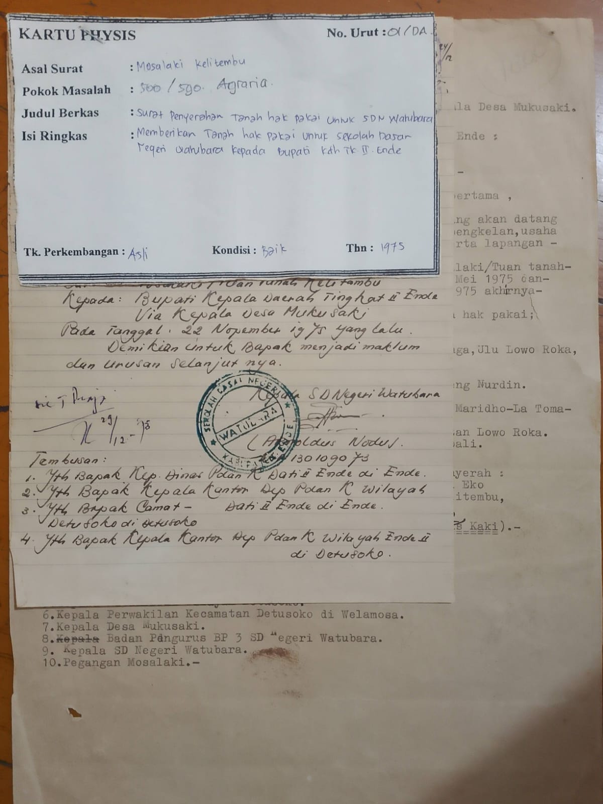 Cover Surat keterangan penyerahan tanah oleh Rejab Purna kepada Pemda Tk.II Ende untuk lokasi pembangunan SD dan pembangunan lainnya di Boanawa Kelurahan Rukunlima