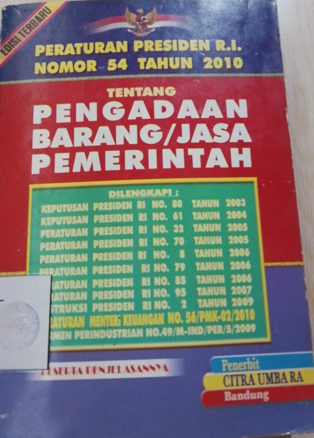 Cover Peraturan Presiden RI Nomor 54 Tahun 2010